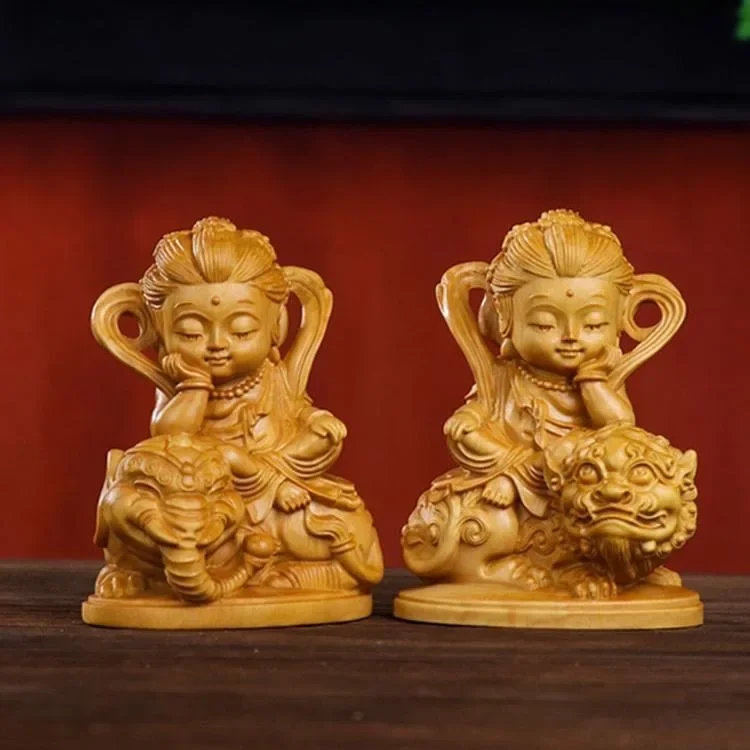 Cliff Cypress Wood Carving Manjusri Samantabhadra Bodhisattva Ornament Solid Wood Carving Crafts Home Furnishings Decoration