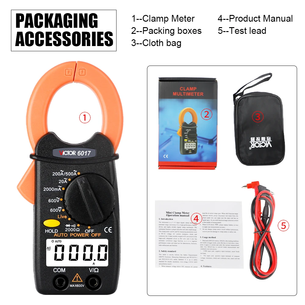 Victor 6017 Mini Digital Clamp Meter Pliers Ammeter Pocket Electrical Meter AC 2000Ω 600v Diode Current Voltage Live Wire Tools