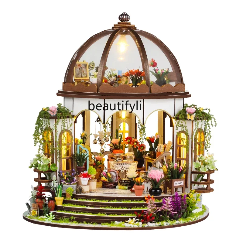 Sunshine flower house handmade hut model building DIY assembly double-storey small house with light