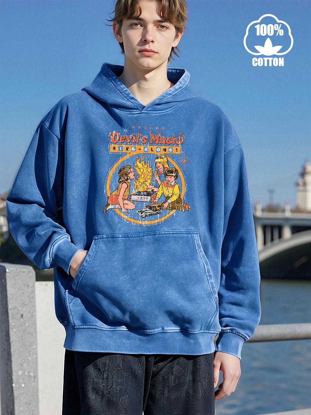 

Devil'S Music Sing-Along Print Fashion Washed Hoody Men Cotton Pocket Sweatshirts Autumn Soft Streetwear All-Match Loose Clothes