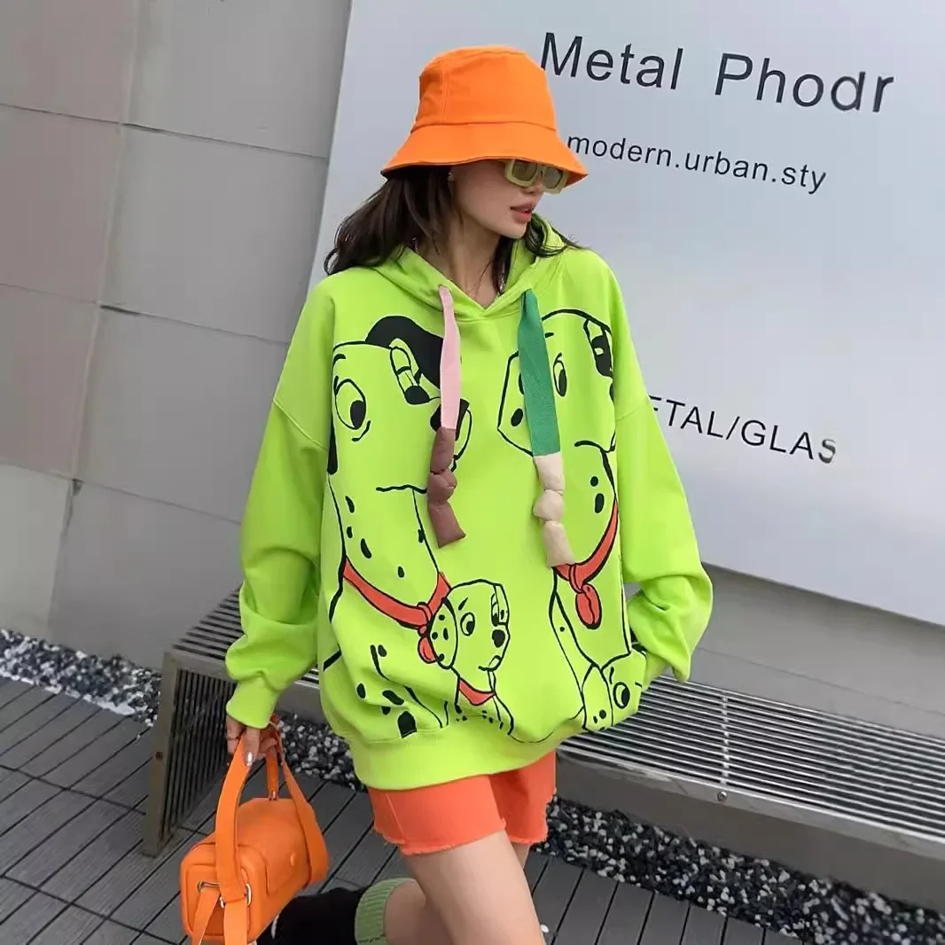 European Goods Oversizeds Hooded Sweatshirts Women 2024 Spring Autumn Mid-Length Loose Graffiti Cartoon Dog Printed Hoodies