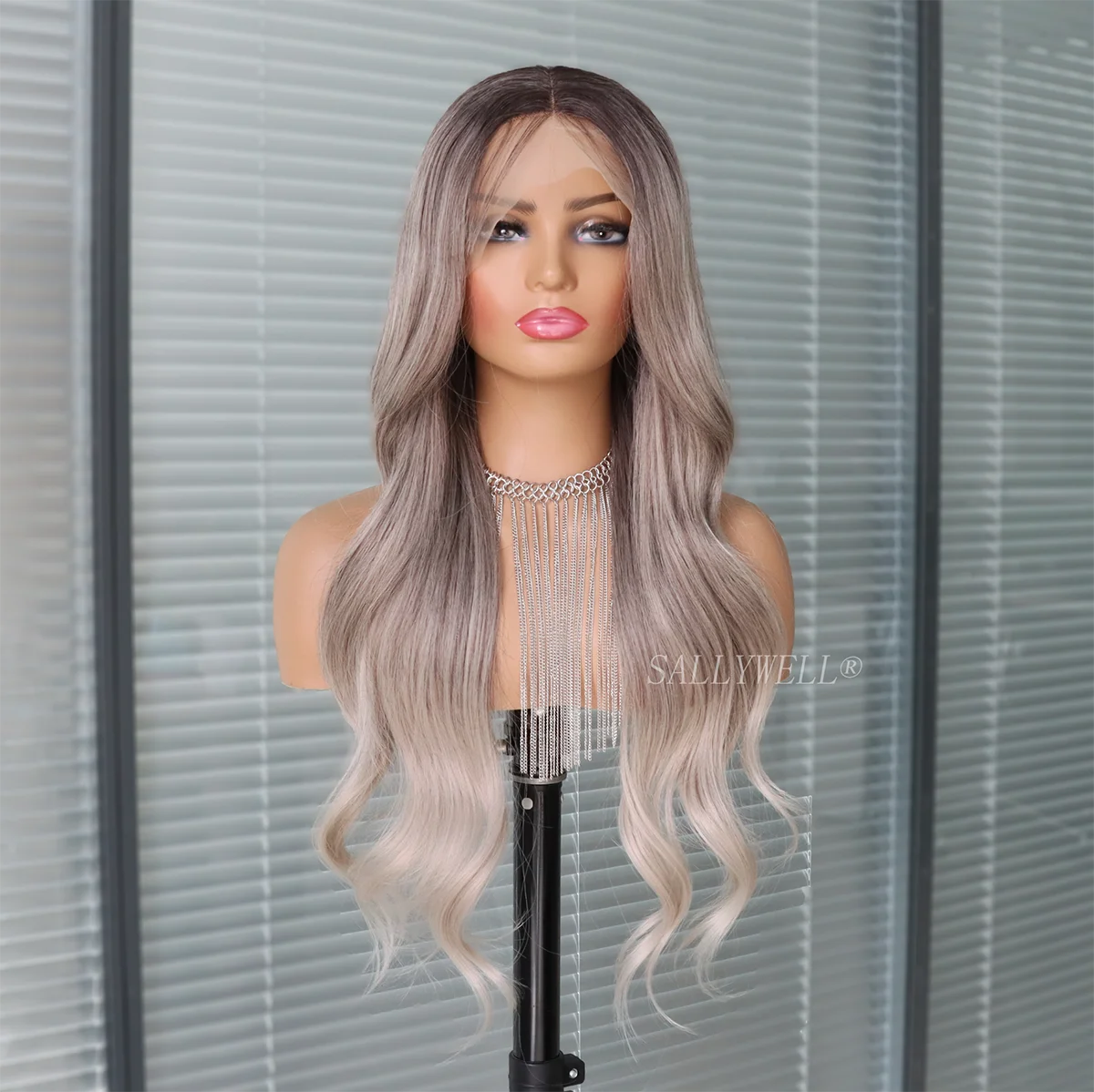 Silver Grey Lace Front Wigs for Women Halloween Curly Long Wavy Fashion Cosplay Ombre Black Mix Gray Hair Wigs with Wig Cap