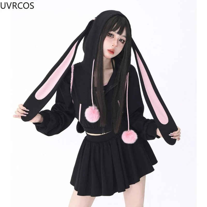 Harajuku Gothic Skirt Sets Women Rabbit Ear Hoodies Zipper Long Sleeve Jacket Coat Hooded Sweatshirts Autumn Two Piece Set 2023