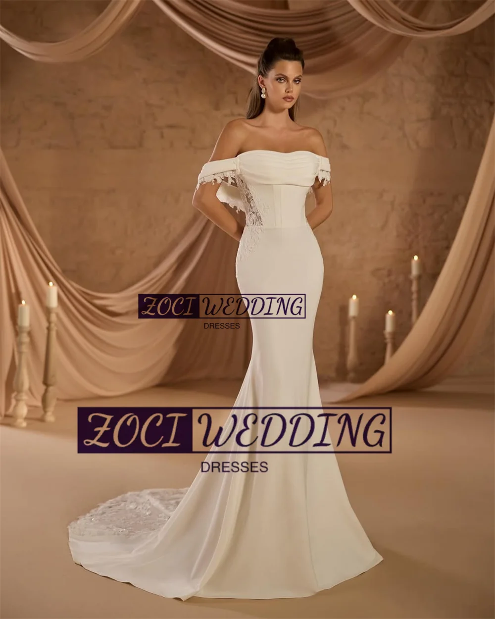 Zoci Schatz-Meerjungfrau-Brautkleid, schulterfrei, elastisches Satin-Spitze-Brautkleid, maßgeschneidertes, rückenfreies Strand-Boho-Brautkleid