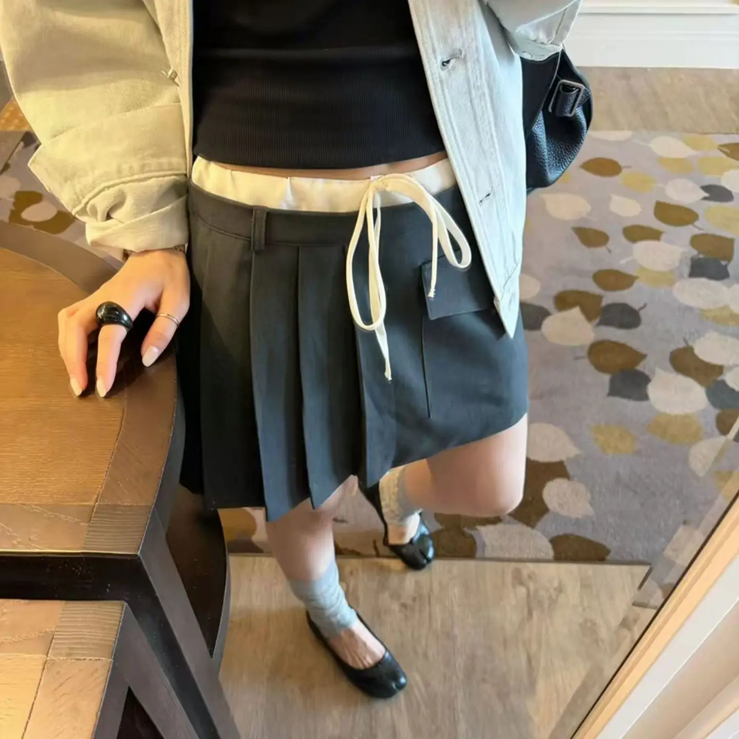 

Slimming Checkered Suit Style Pleated Skirt with Big Pockets Drawstring Waist Korean Version Half-length Skirt Pants
