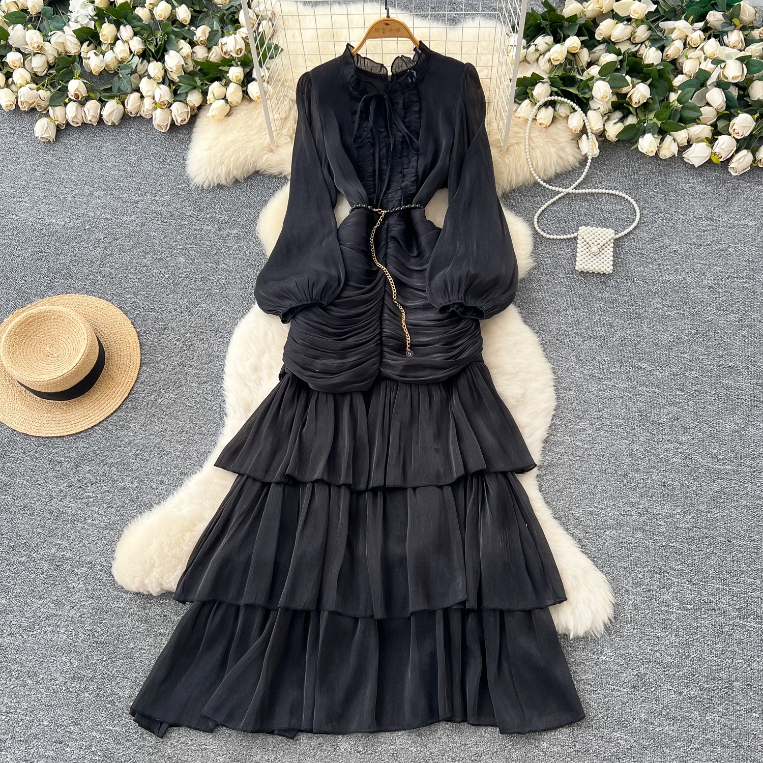 

French Dress for Women 2025 New Lace Patchwork Waist Cinched Long Sleeves Lotus Leaf Ruffle Dresses