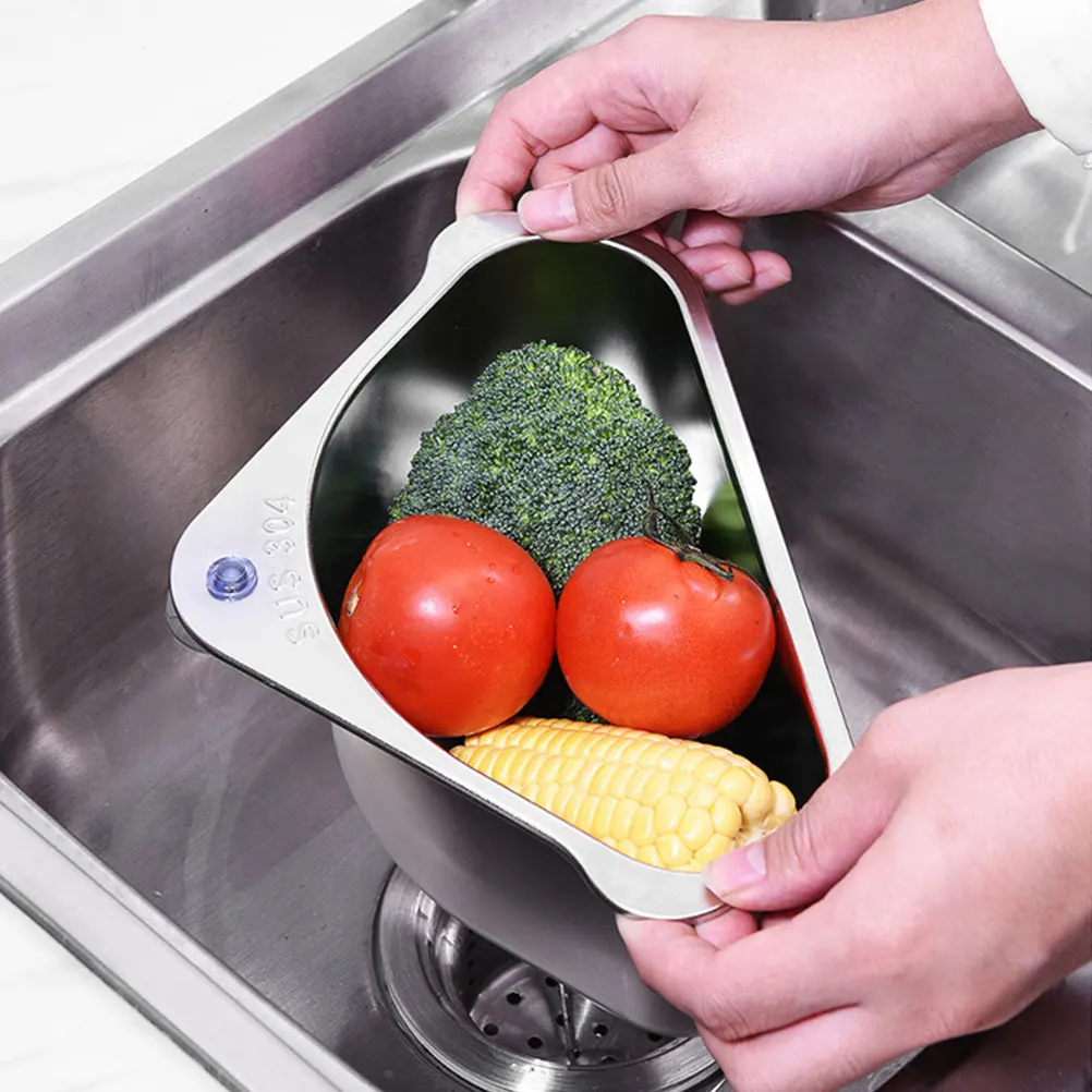 

1pc Stainless Steel Sink Corner Rack Triangle Drain Basket For Kitchen Vegetable Fruit Washing Storage Mesh Colander Dish Drying