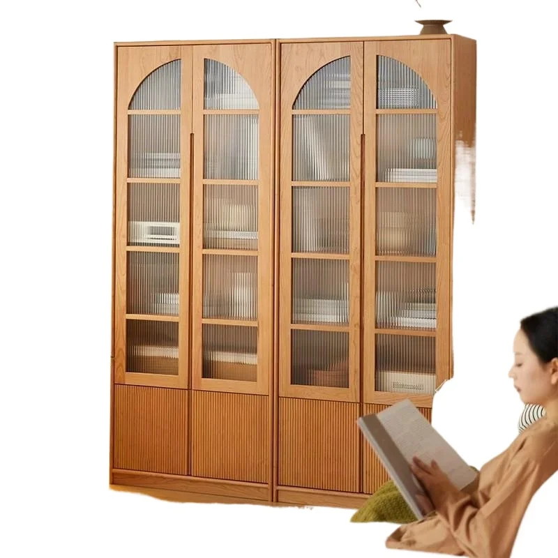 

Nordic solid wood bookcase floor combination Japanese cherry wood bookcase display shelf black walnut