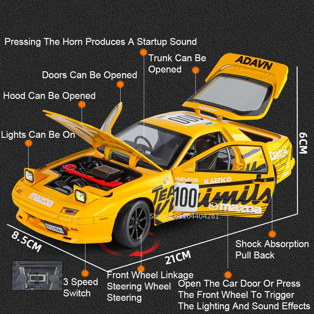 Maßstab 1:24 RX7-FC Legierung Sportwagen Modell Druckguss Spielzeug Miniaturauto 4 Türen geöffnet Sound Licht zurückziehen Kinder Weihnachtsgeschenk