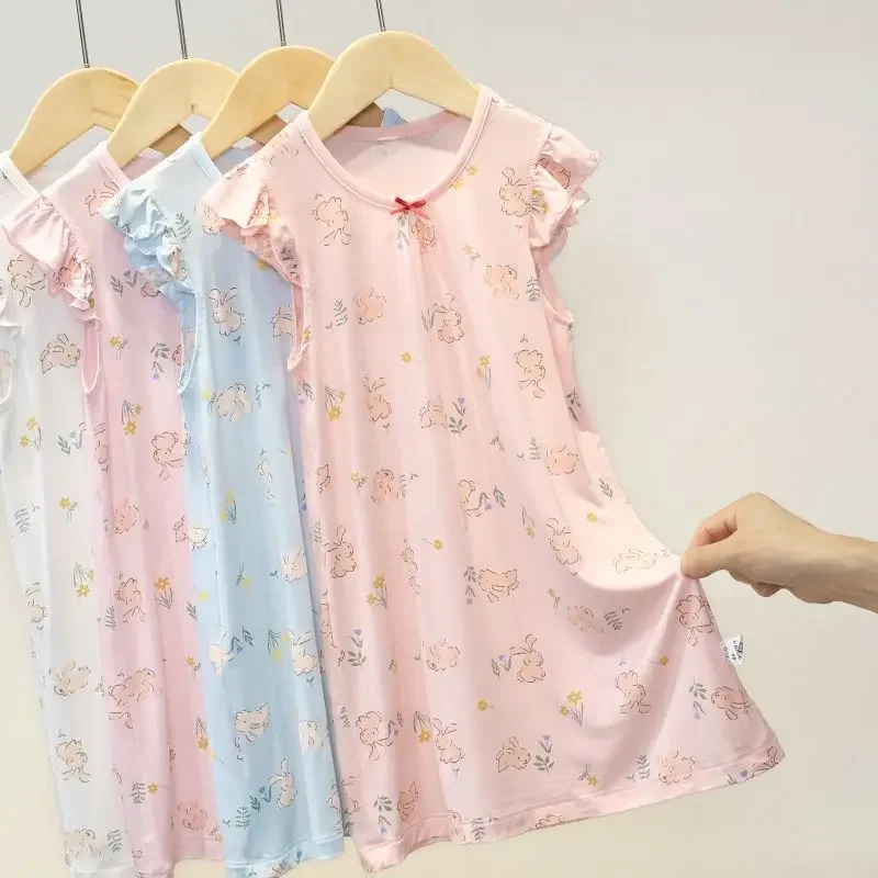 Princess Style Summer Ice Silk Lightweight Girls Nightgown for Baby Toddler Homewear Loungewear