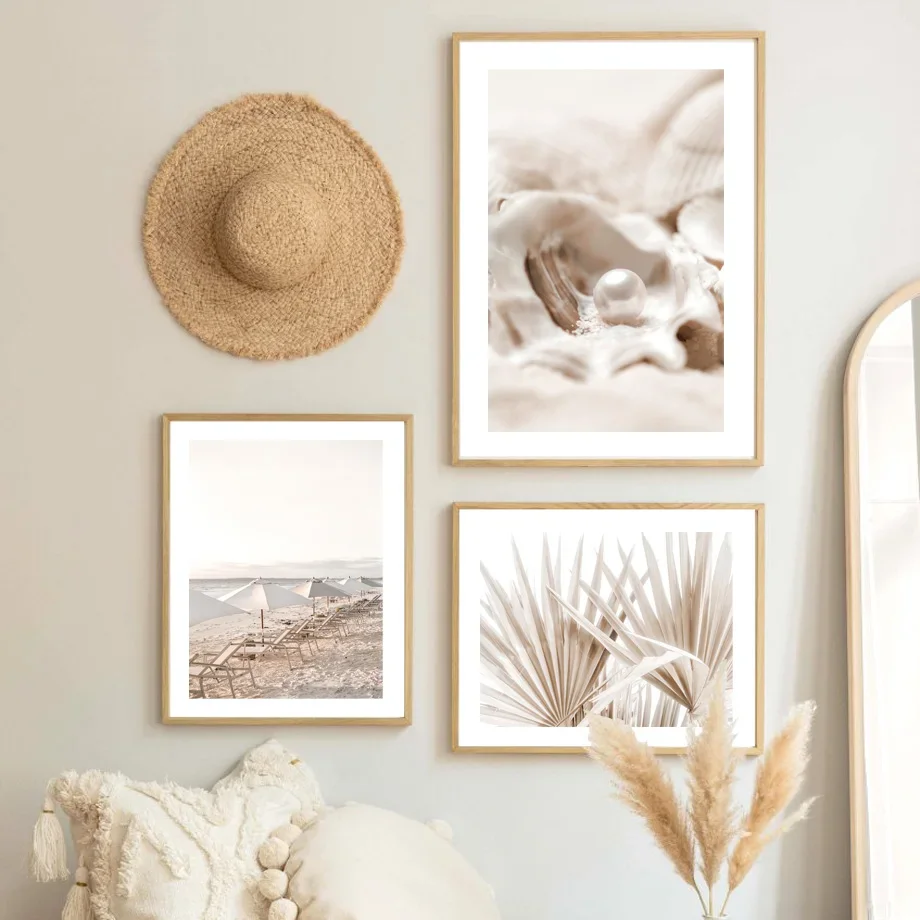 

Nordic Poster Reed Palm Beach Surfboard Shell Dream Catcher Wall Art Print Canvas Painting Beige Pictures For Living Room Decor