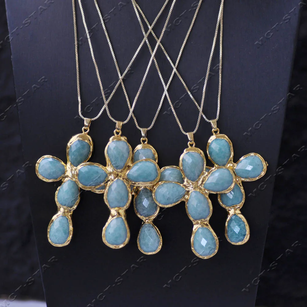 

Z14251 оптовая продажа 5 шт. 20 "48 мм синий аквамарин амазонит крест кулон цепочка ювелирные изделия на заказ