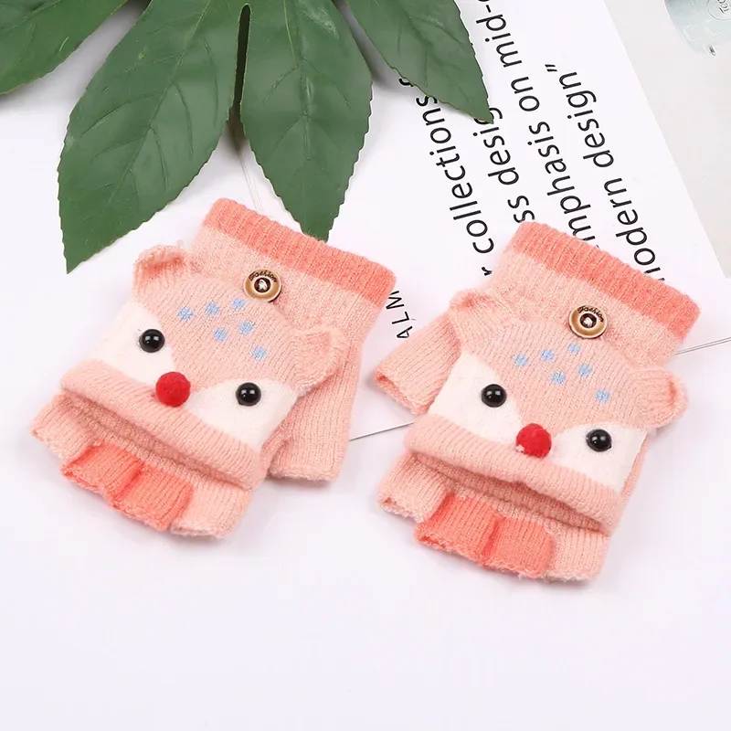 

Warm Cartoon Knit Half Finger Flip Gloves for Kids with Cute Animal Design