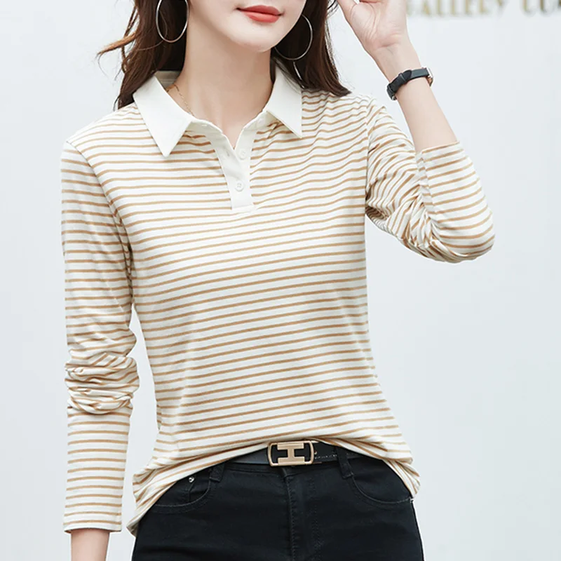 Korean Style Long Sleeve Polo Shirt Women Cotton Stretch Fashion Autumn Elegant Knitted Polo For Women Striped T-shirt