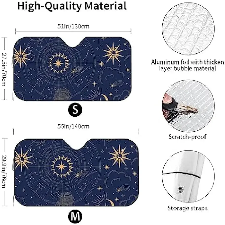 Sun Moon Astrology Chart pára-brisa para carro, pára-brisa, Front Window Sunshade para a maioria dos Sedans, SUV, Truck Blocks, Max Raios UV