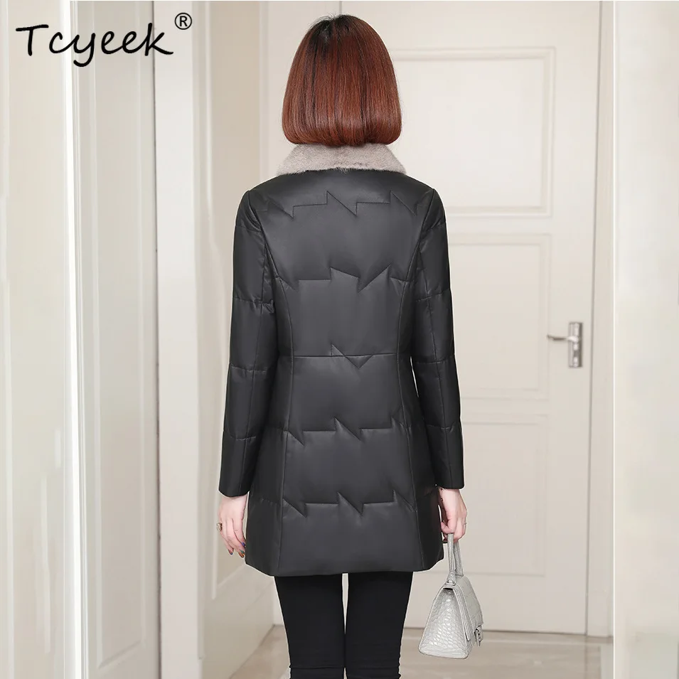Tcyeek Vera pelle di pecora Autunno Inverno Piumino d'anatra bianca Collo in pelliccia di visone Giacca in vera pelle da donna nera Ж Dönishiжаglas Куртка