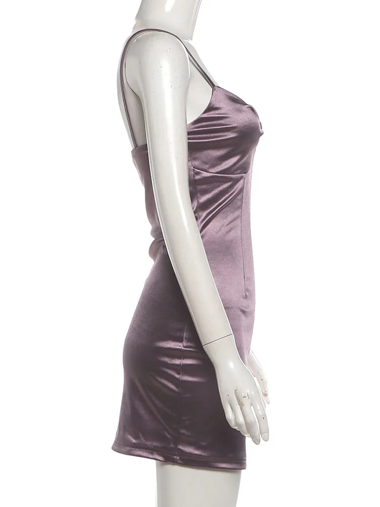 Weird Puss Kleid mit tiefem Ausschnitt für Damen, Falten, schmal geschnitten, ärmellos, hohe Elastizität, schmal, sexy, einfarbig, modisch, für Mitternachtspartys, Mini-Bodycon – Detail 4