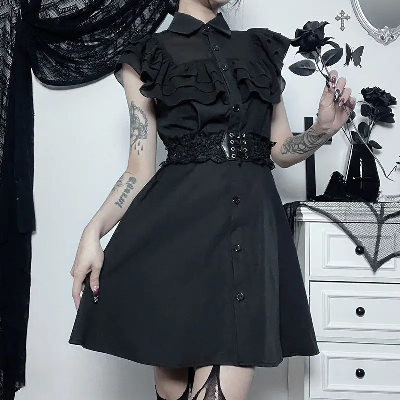 

Gothic Wednesday same ruffle edge waist dress female slim and thin gothic skirt long dresses for women