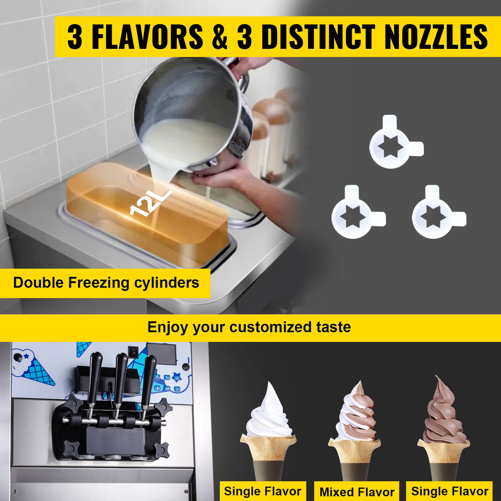 VEVOR 40L/H Soft Ice Cream Maker Commercial Mobile Tricolor Flavors Sorbet Sweet Cones Benchtop Gelato  Vending Freezing Machine