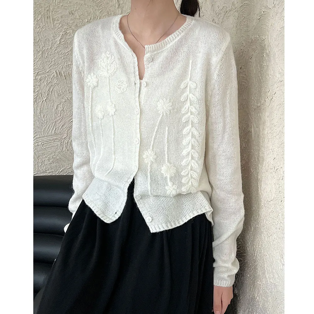 سترة نسائية من الصوف 15% 8% موهير بياقة دائرية وتطريز على شكل زهرة معطف محبوك سترات رفيعة ملابس علوية للنساء سترة #2