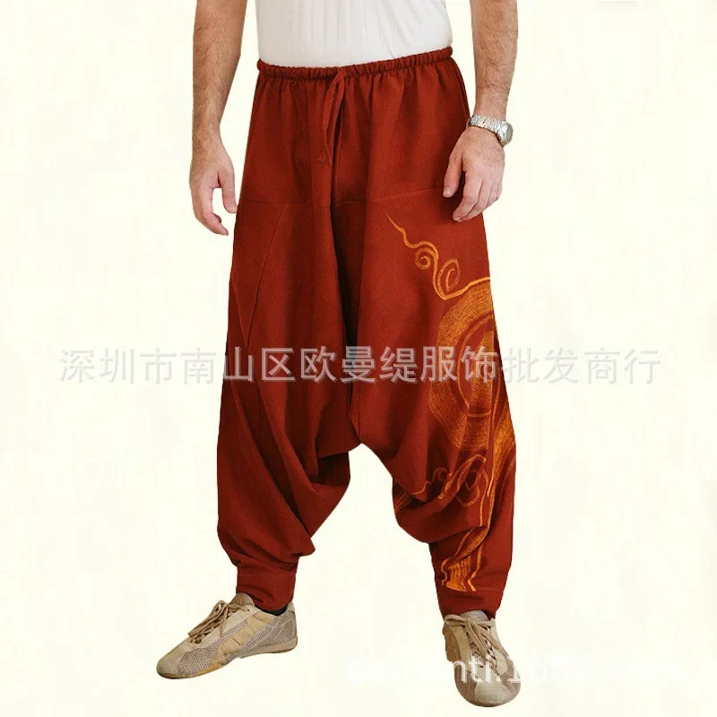 

Men Fashion Cross-Pants Casual Baggy Pants Hippie Hip-hop Yoga Vintage Print Elastic Waist Large Size Summer Trouser Streetwear