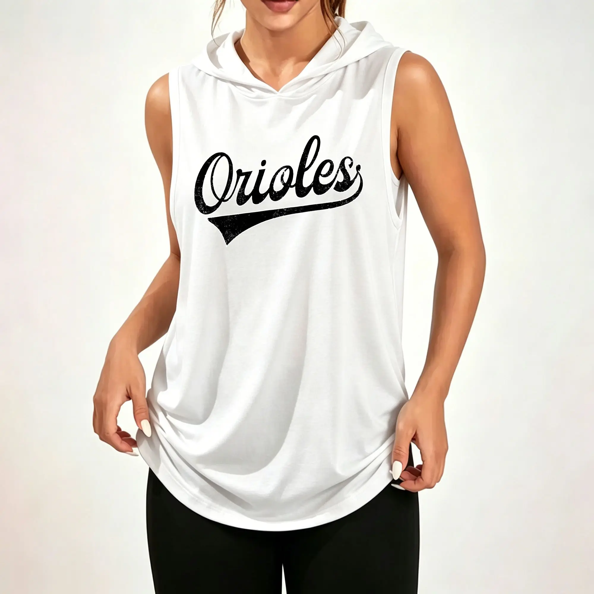 Women's Sleeveless Hoodie, Orioles Vintage Baseball Script Letter Distressed Graphic Print Casual Hooded Tank Top