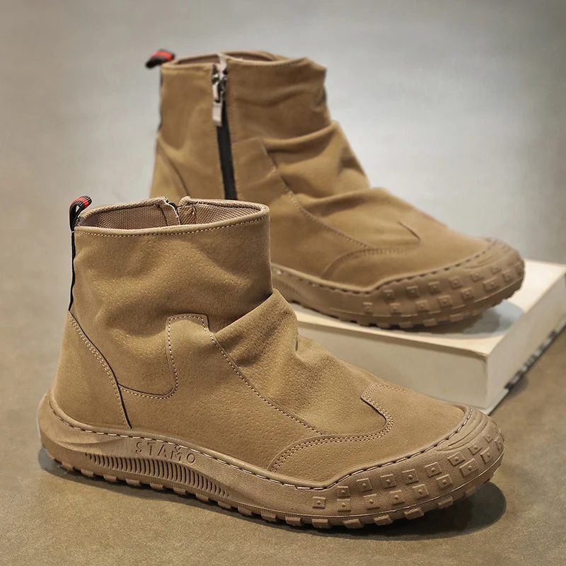 

Мужские ботинки, рабочая одежда с высоким вырезом, модные ботинки на плоской подошве, осенние новые плиссированные ботинки на молнии, нескользящие, удобные, на толстой подошве, износостойкие