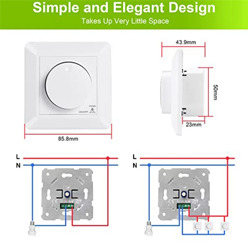 New LED Dimmer Switch, Flush-Mounted Dimmer for Dimmable LED and Halogen, 5-300 W Dimmer Switch LED, Phase Control Dimmer