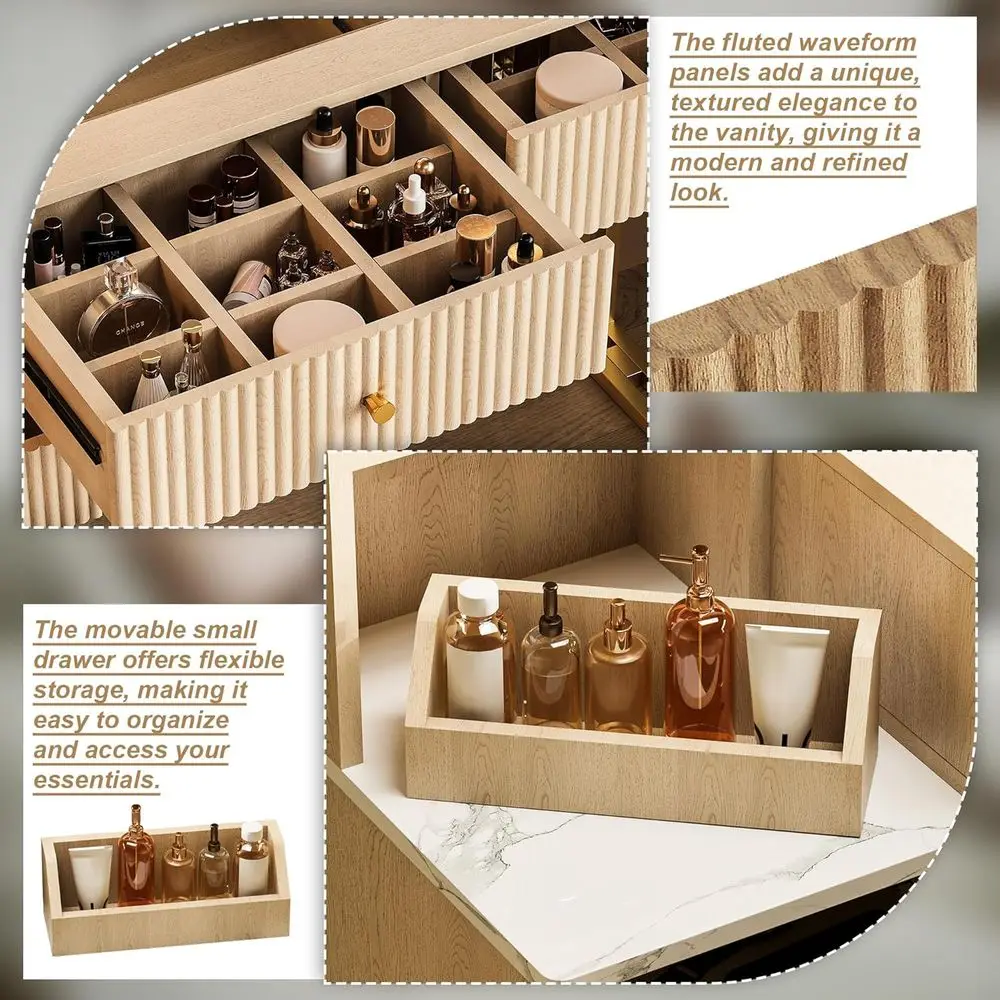 Bureau de maquillage en chêne avec 32 miroirs lumineux, plateau en verre, 3 lumières, design incurvé, 5 tiroirs, ensemble de coiffeuse de chambre moderne