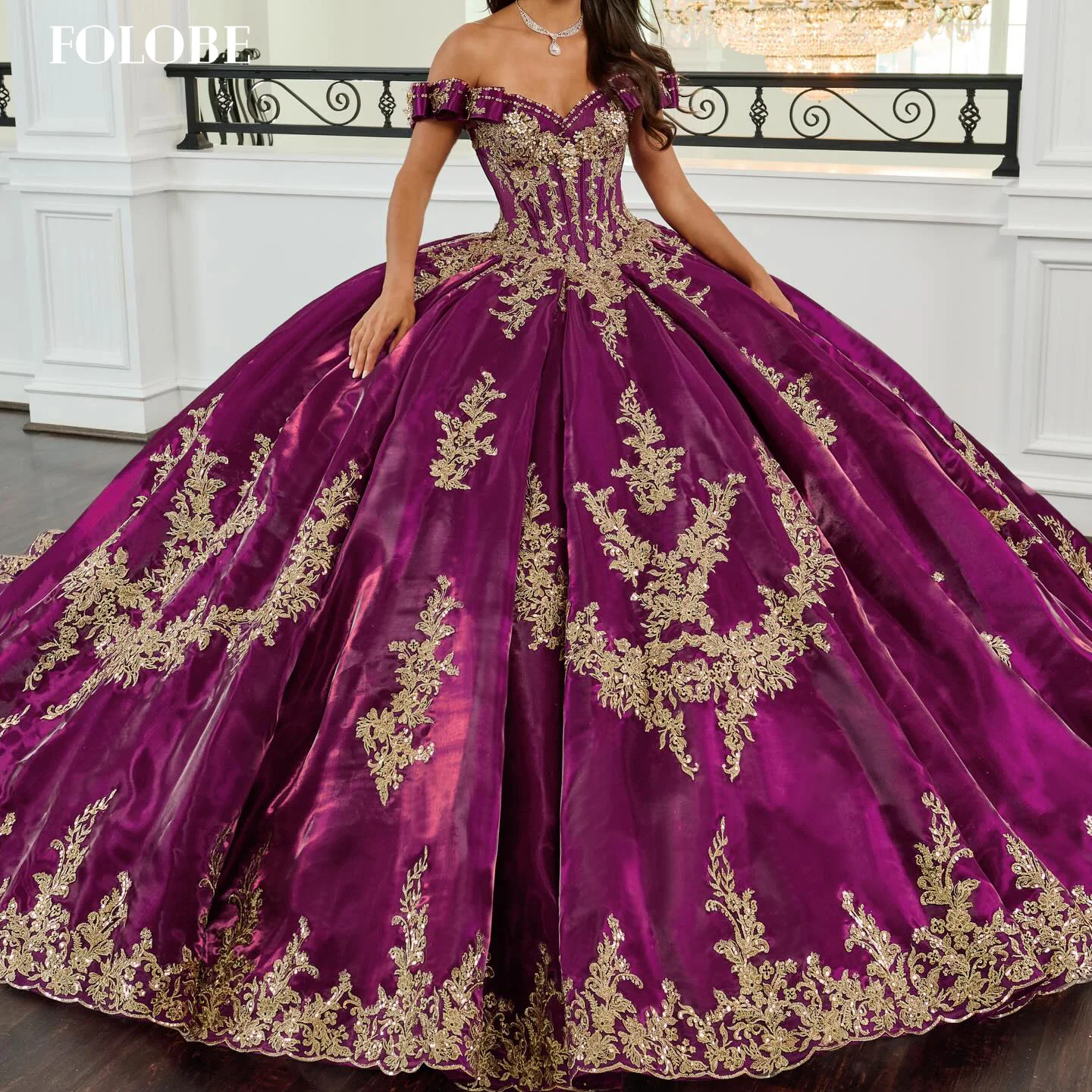 

FOLOBE фуксия Quinceanera платье с аппликацией и бантом трапециевидной формы с открытыми плечами и блестками Роскошное платье Vestido De 15, Quinceanera Morado по индивидуальному заказу