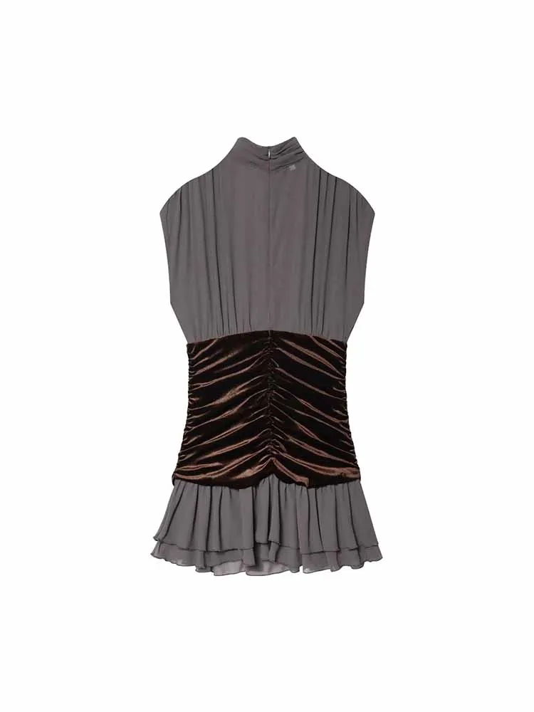 Estilo europeu e americano inverno nova tendência da moda feminina fino ajuste falso veludo retalhos em camadas decoração vestido curto