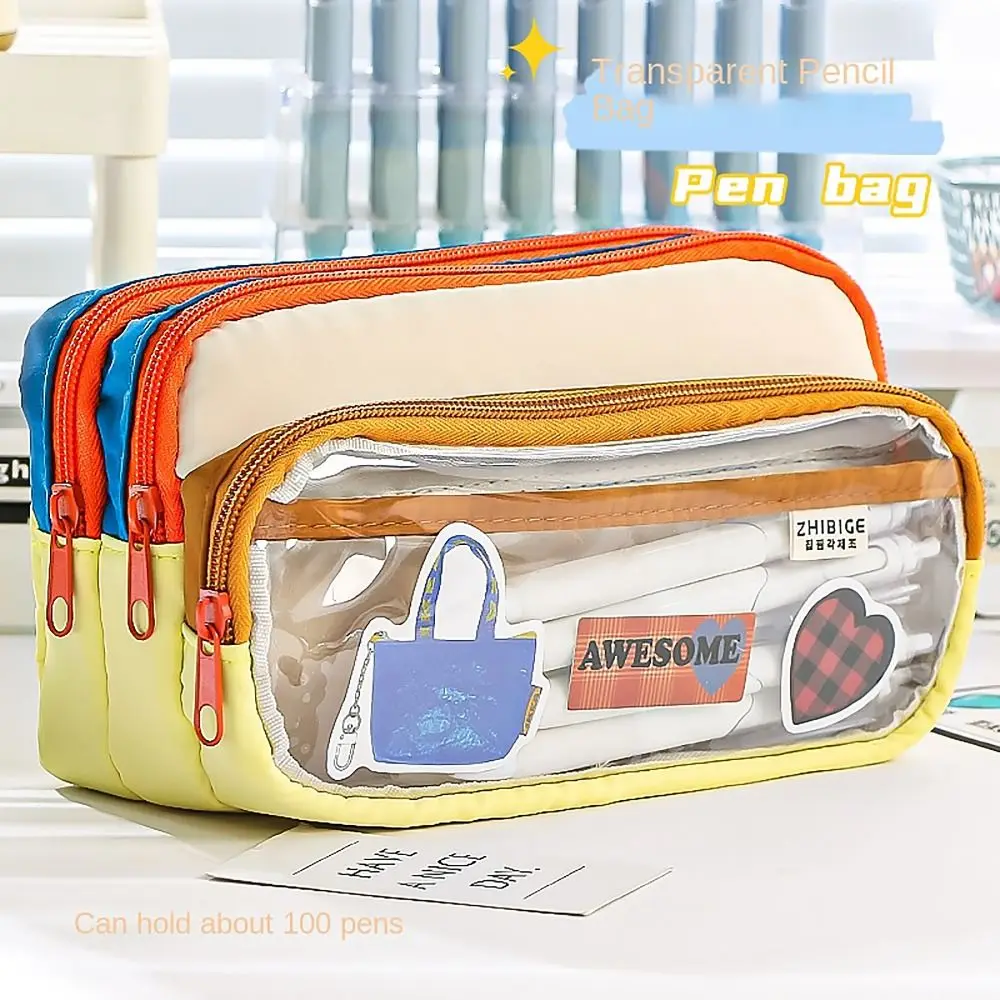 4 Layers Pencil Case Large Capacity Color Stitching DIY Badge Pen Bag Transparent Window Multi-functional