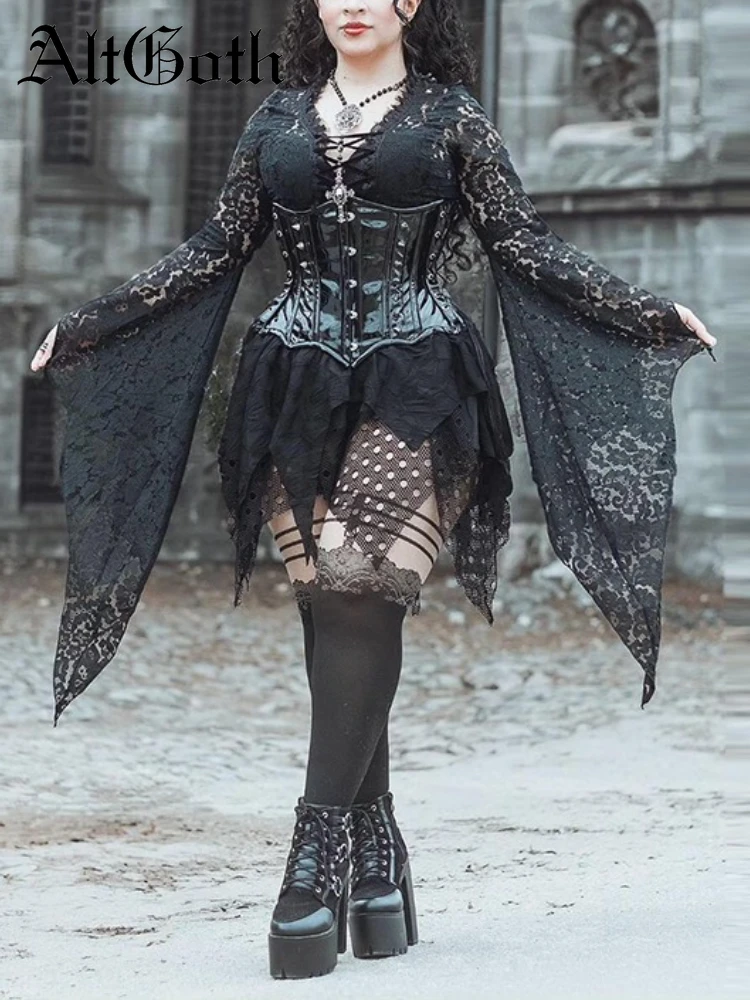 

AltGoth Dark Gothic Vintage Lace Smock Women Palace Style Sexy See Through Flare Sleeve Blouse Aesthetic Elegant Indie Clothes