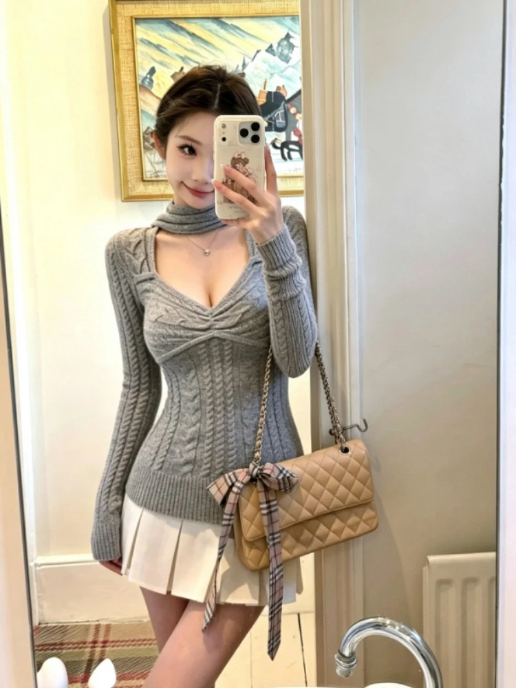 Womens Cable Twist Knitted Long Sleeve Top Slim Pullover Solid Color Gothic Subculture Chic Daily Casual Streetwear Jumper