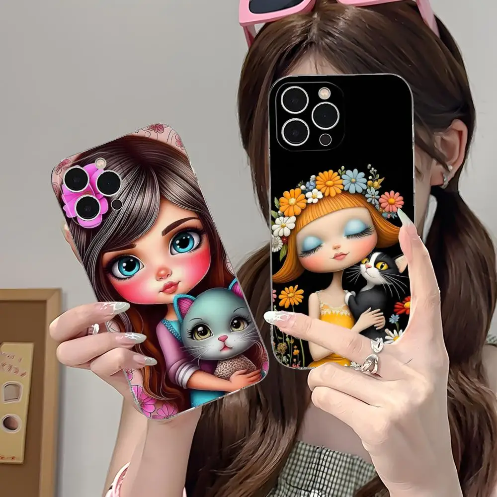 

Чехол для телефона Girl Cat Kitten Art для iPhone 16, 15, 14, 13, 12, 11 X XR XS 8 6 Pro Max Plus Mini Clear Color Protective Cover Pretty