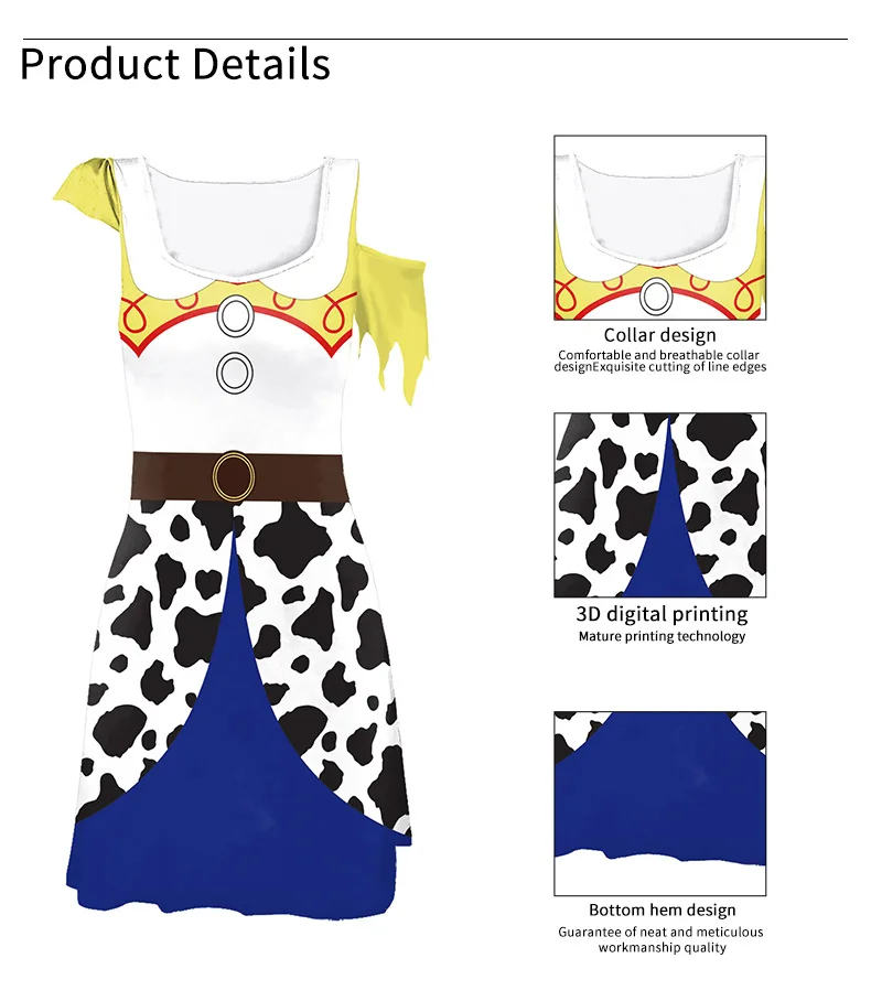 Damen Cowgirl Cosplay Kostüm mit Cold-Shoulder-Design, Kurzarm, Ripped-Look, Kuhmuster, Faschingskostüm für Halloween, Karneval, Western-Themenparty – Detail 1