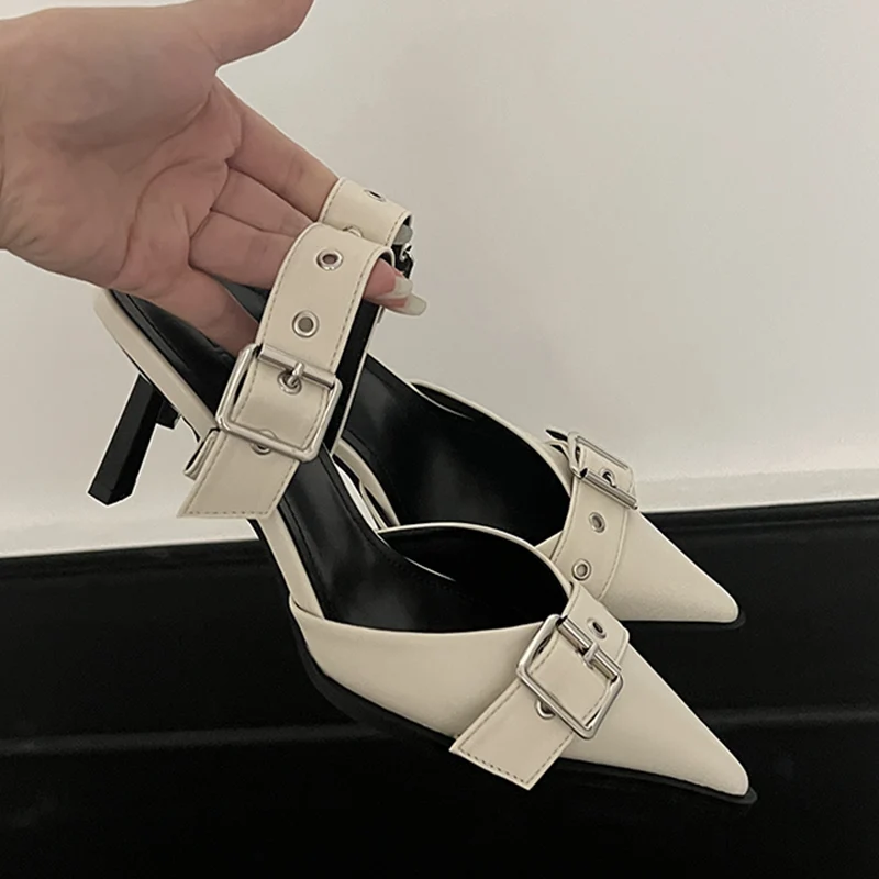 Punk Goth Metal Buckle High Heels Sandals Women 2023 Summer Pointed Toe Silver Party Shoes Woman Korean Style Thin Heels Sandals