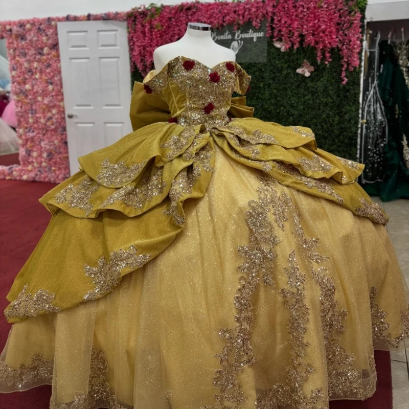 

Золотистое блестящее бальное платье для выпускного/вечеринки с открытыми плечами, пайетками, аппликациями, кружевом, бисером, кристаллами, бантом, тюлем и корсетом