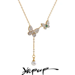 Yhpup Luxury AAA Delicate Shiny Cubic Zirconia Butterfly Drop Chain Golden Necklace Stainless Steel High-Grade Exquisite Jewelry