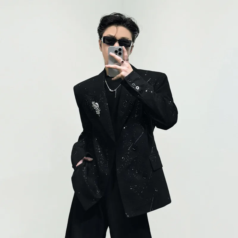 WVGA Korean Style Starry Fine Glitter Shoulder Padded Blazer Exquisite Wheat Ear Brooch Light Luxury Niche Casual Jackets W26006