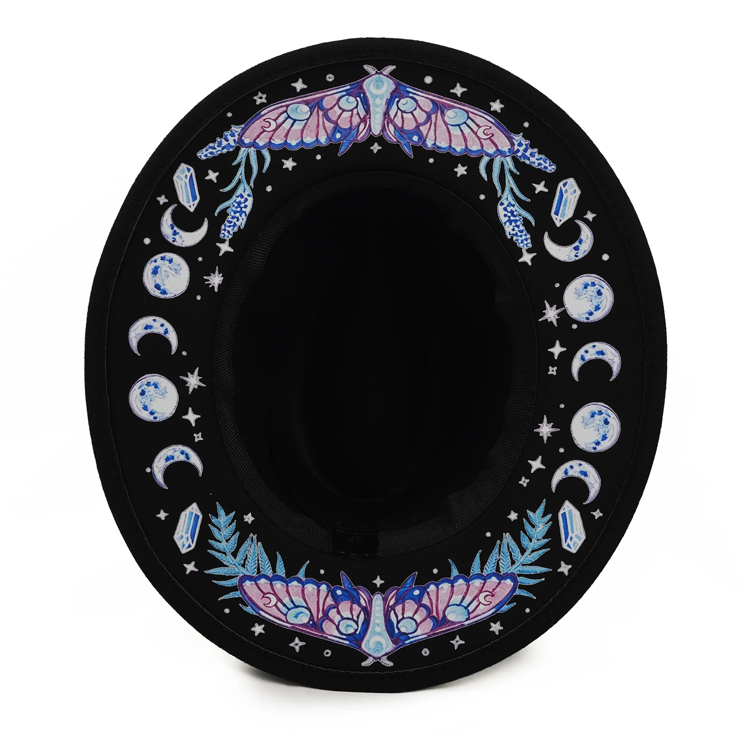 Black Gothic Punk Wide Brim Hat Women Men Halloween Witch Fedora Blue Moth Moon Phase Alternative Dark Academia Mystic Sun Hat