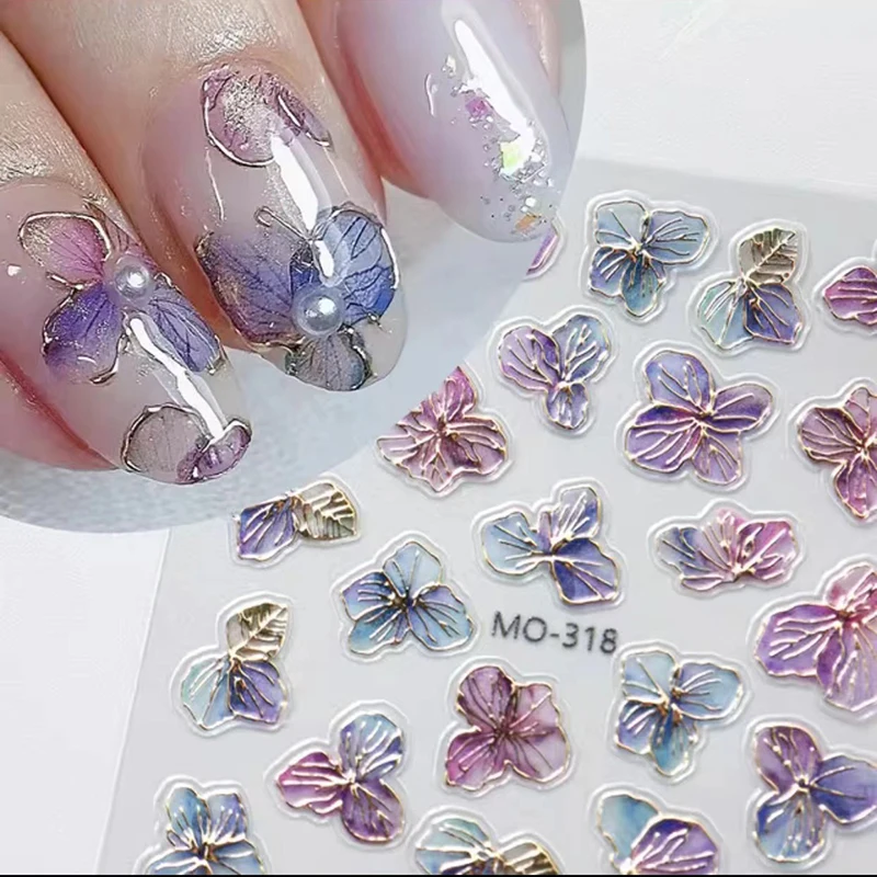 5d Emboss Nail Art Stickers Gold Line Watercolor Purple Blue Yellow Petals Flowers Nail Decals For Manicure Tips Accessories