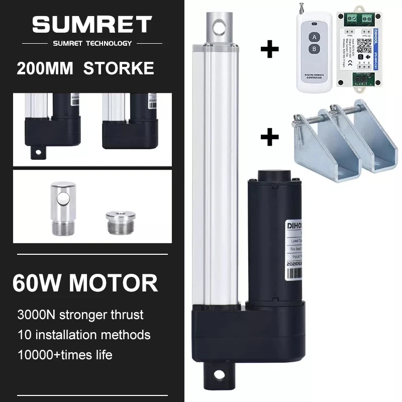 

200MM Stroke Electric Linear Actuator With RF Controller Bracket Kit Set DC 12V 24V Motor Heavy Duty Fmax 3000N Vmax 66MM/S