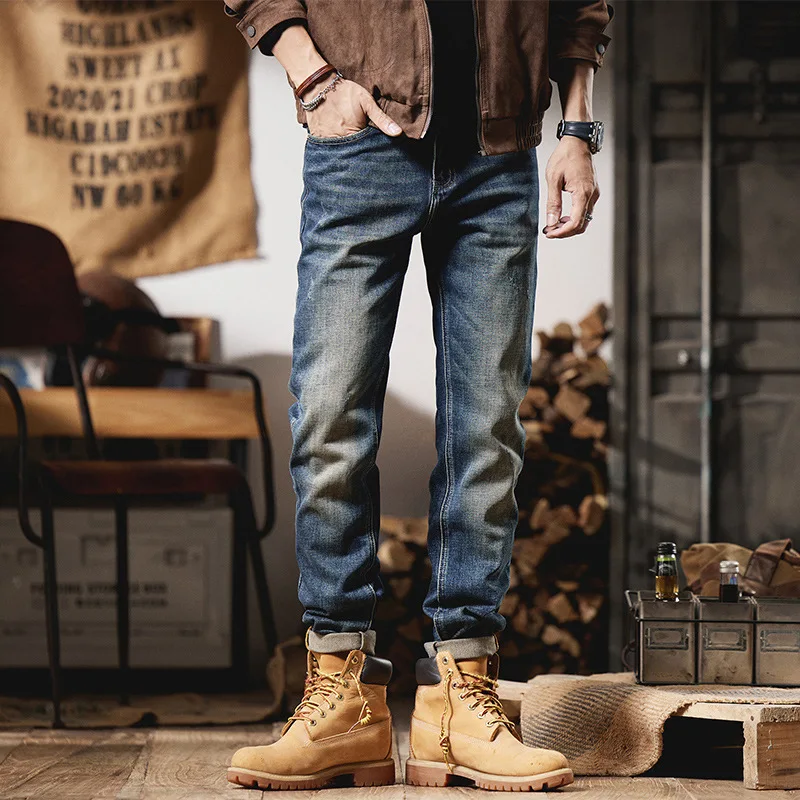 New Fashion Autumn Winter Men's Retro Blue Casual Trendy Simple Basic Loose Straight Denim Trousers Male Jeans Pants Clothes