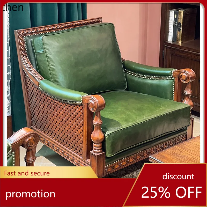 

YFY Solid Wood Sofa Living Room Vintage Genuine Leather Sofa Set Small Apartment Leather Art Sofa