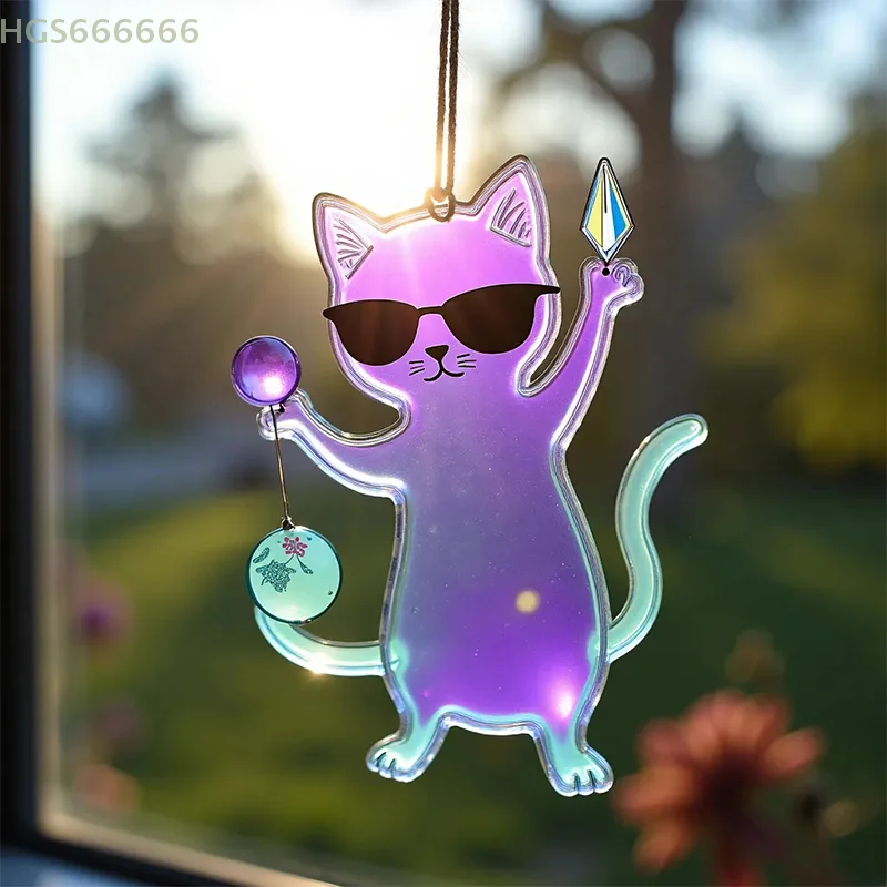 Cat Shape Acrylic Glass Decor 2D Flat Design Window Hanging Pendant Eye-Catching Home Decor