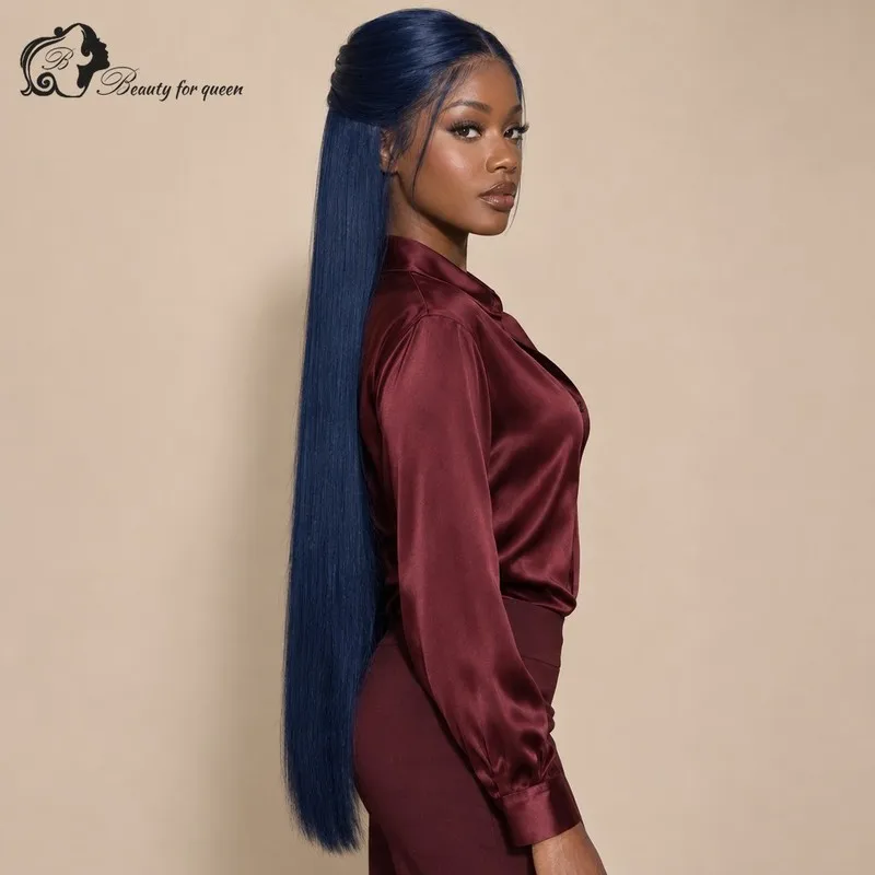 Pro Navy Blue Straight Lace Front Wig Long Bleached Knots Voluminous Wear And Go Middle Part Shiny Glueless Colored 180 Density