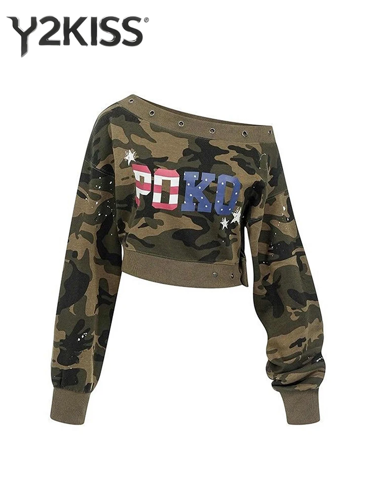 

Женские толстовки с длинными рукавами в стиле ретро в стиле гранж, камуфляжные укороченные пуловеры 2000-х годов, Y2k, студенческий стиль, кокетка High Street