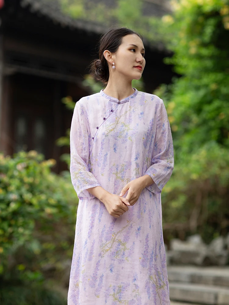 

Wanheng C96 Summer New Chinese Sle Original Stand Collar Buttoned H-ape Flax Print Dr Floral Pattern Loose Waist Lo...