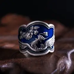 Chinese Style Blueing Peony Phoenix Adjustable Ring for Women Elegant Antique Ring Party Antique Jewelry Accessories Gifts